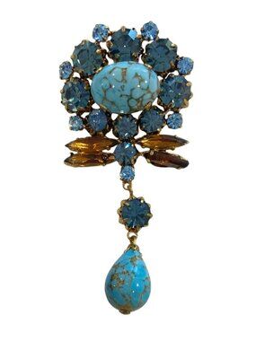Vintage Gold-Tone Brooch With Blue Rhinestones & Faux Turquoise Teardrop Pendant